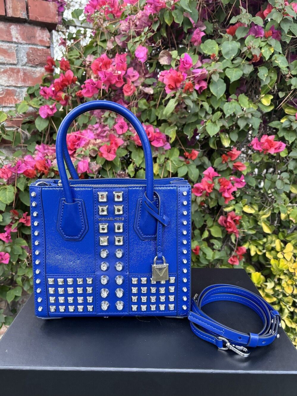 MICHAEL KORS Mercer Crystal Metal Medium Leather Shopper Tote Bag Blue Sample